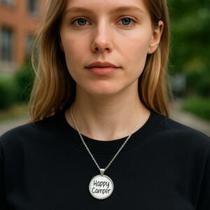 HAPPY CAMPER Necklace White Round Glass Silver Chain RV Motorhome Tent NEW